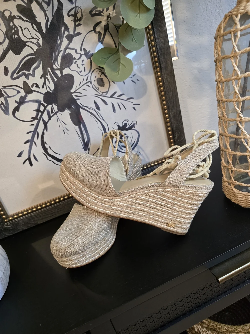 Michael Kors Metallic Gold Lace Up Ankle Ties Wedges Espadrilles Sandals 9